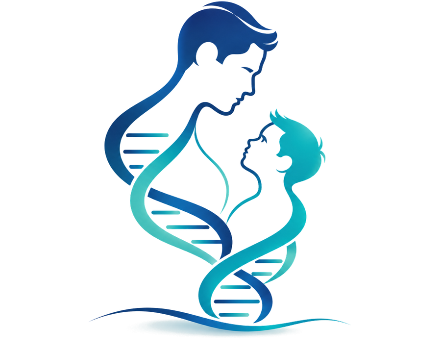 Ilustración de un padre y su hijo unidos por una doble hélice de ADN