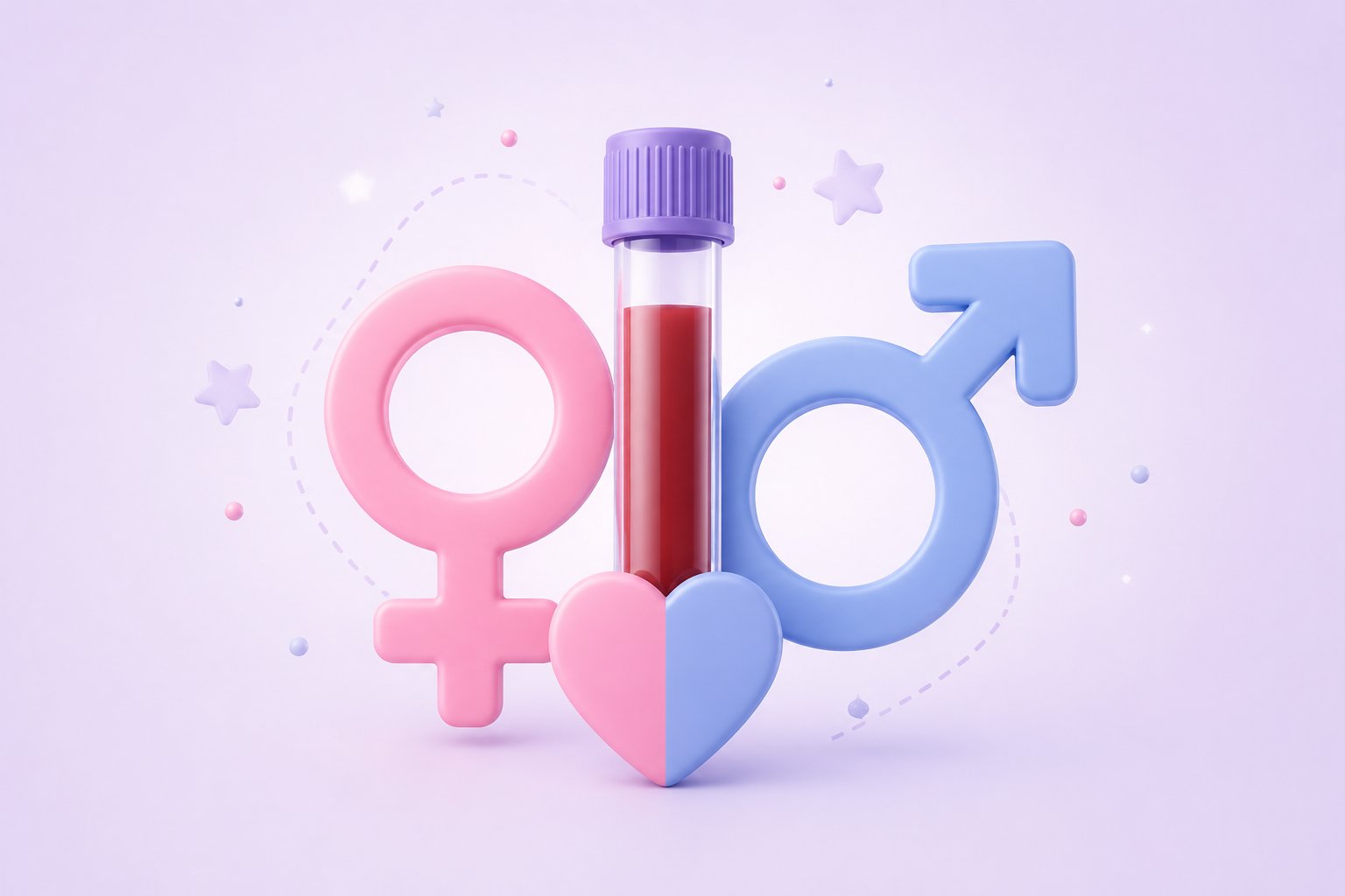 Símbolos de género femenino y masculino junto a un tubo con muestra de sangre